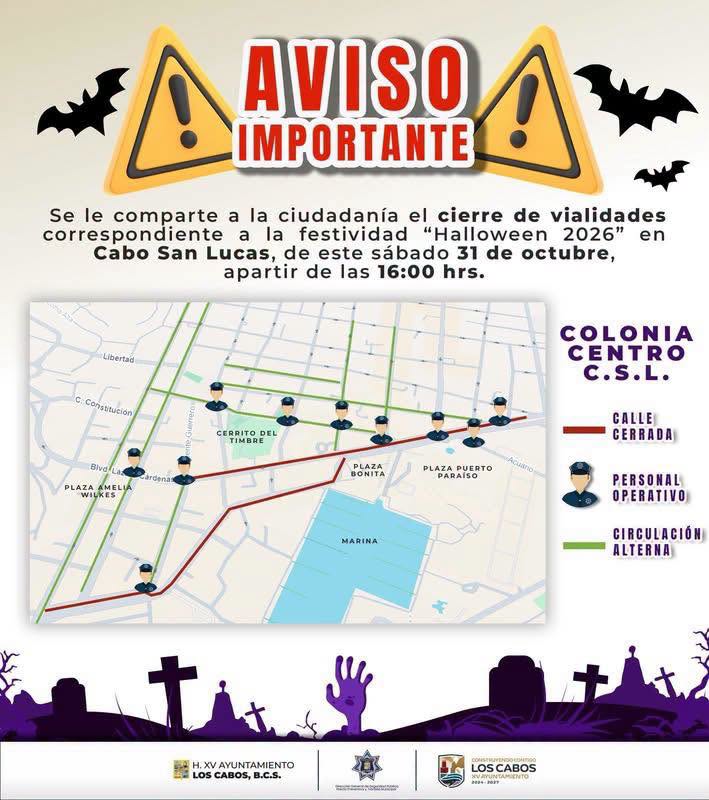 Cierran calles en Cabo San Lucas por Halloween 2026